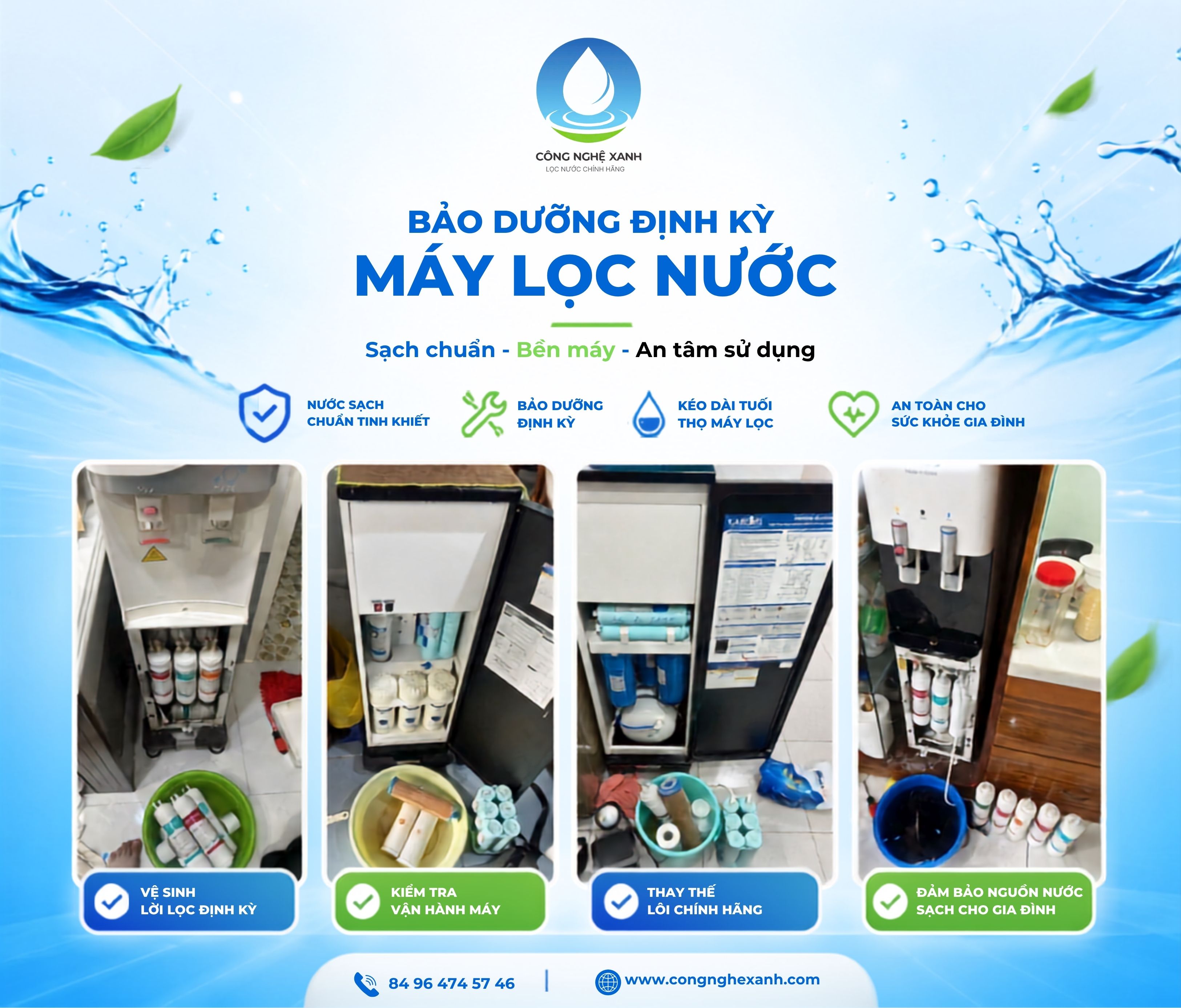 Những hình ảnh thực tế từ các ca bảo dưỡng, thay lõi máy lọc nước tại nhà khách hàng là minh chứng cho sự đồng hành và tận tâm của đội ngũ Công Nghệ Xanh trong suốt quá trình sử dụng sản phẩm.